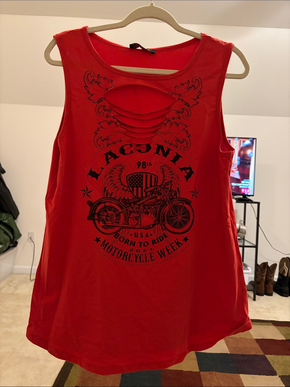 Nordstrom Red Tank Top with Black Motorcycle Graphic